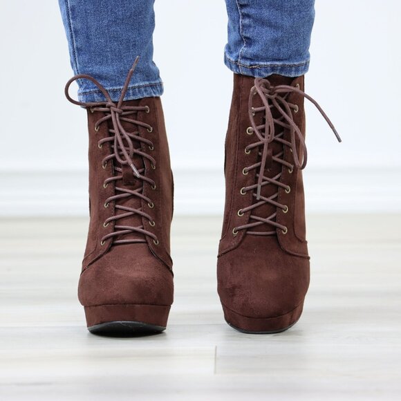 Brown Platform Ankle Boots Block High Heeled Booties Faux Suede Lace-Up - Picture 8 of 11